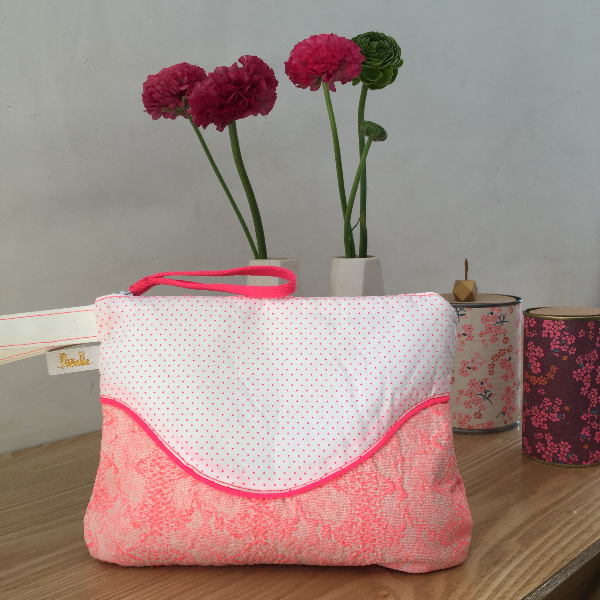 Trousse Eliette jacquard rose et coton pois rose fluo